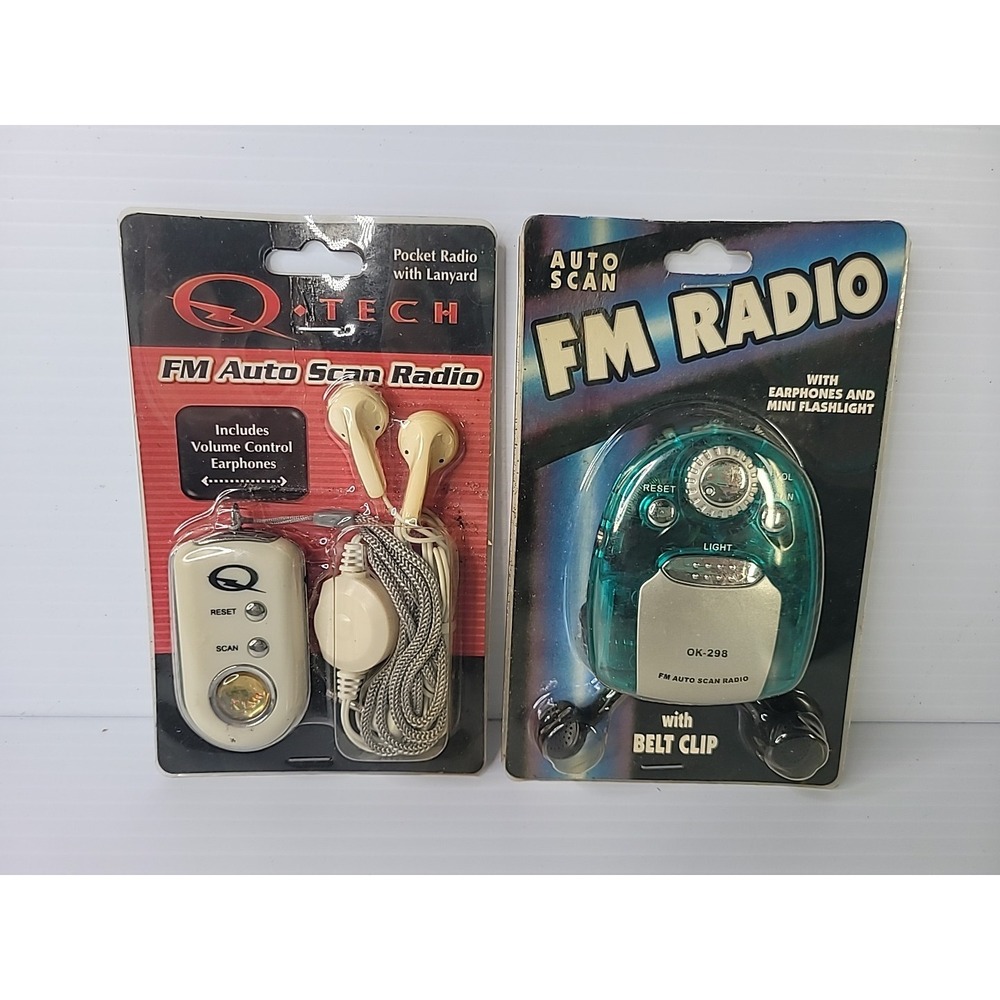 2 Vintage FM Auto‎ Scan Radios with Earphones Q-Tech Belt Clip UNUSED 90's